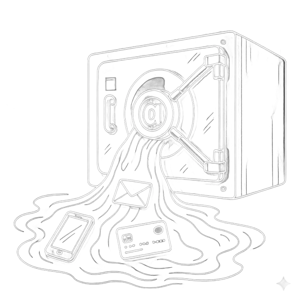 Illustration of data leaking from a vault, representing data breach risks