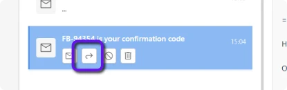 Screenshot: Highlighting the forward message button in the message list panel on a selected message