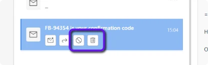Screenshot: Highlighting the move message buttons in the message list panel on a selected message