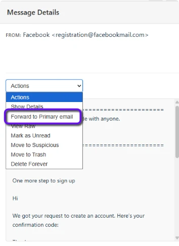 Screenshot: Highlighting the forward message option in the Actions Dropdown above the selected message body