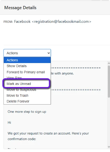 Screenshot: Highlighting the mark as read option in the Actions Dropdown, above the selected message body