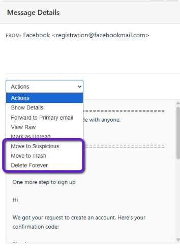 Screenshot: Highlighting the move message options in the Actions Dropdown above the selected message body